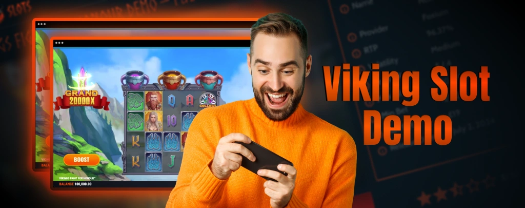 Player with a phone in the background of the demo slot with Vikings