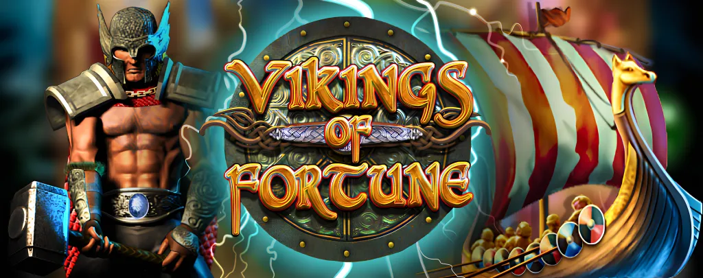 Viking with a hammer on the background of the Vikings of Fortune slot logo