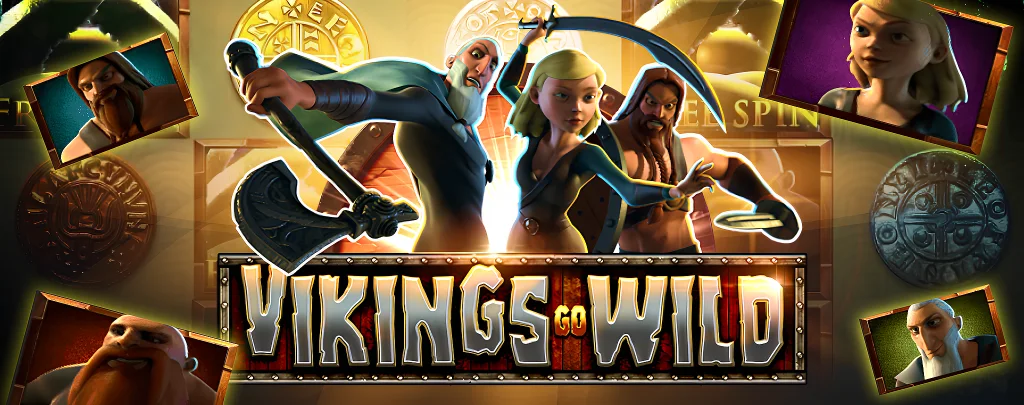 Vikings Go Wild slot with slot heroes, game logo on a background of gold coins