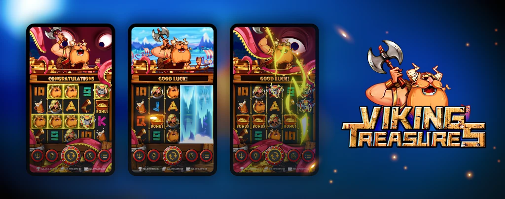 Viking Treasures slot game interface with vibrant Viking characters