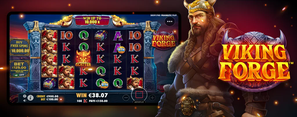 Viking Forge Slot - logo and gameplay of the slot with symbols and main character